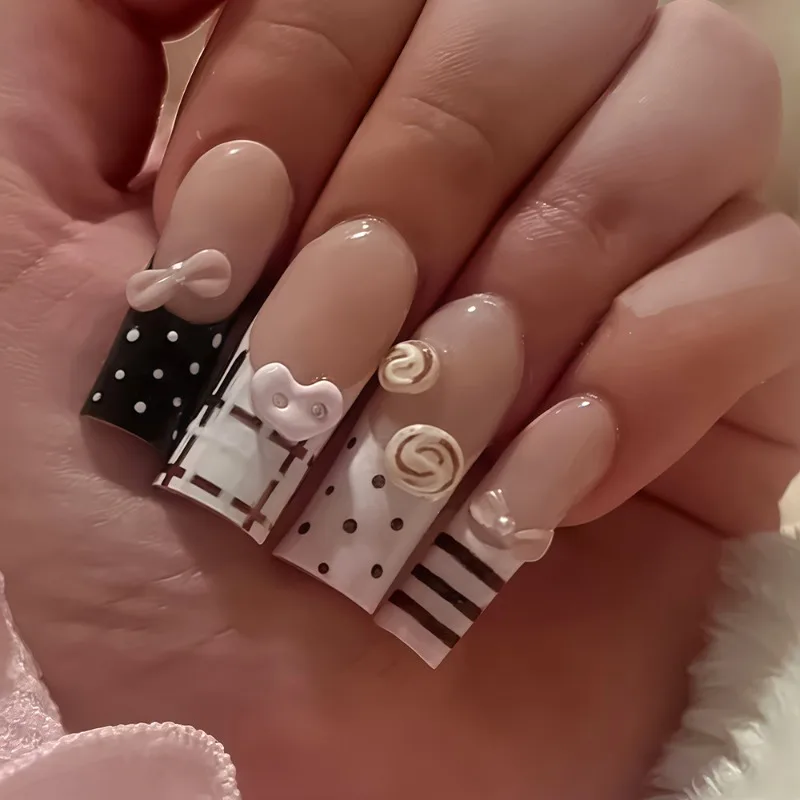

24PCS Black White Polka Dot French Press on Nails with Glue 3D Bowknot Heart False Nails Sweet Stripes Wearable Fake Nails Tips