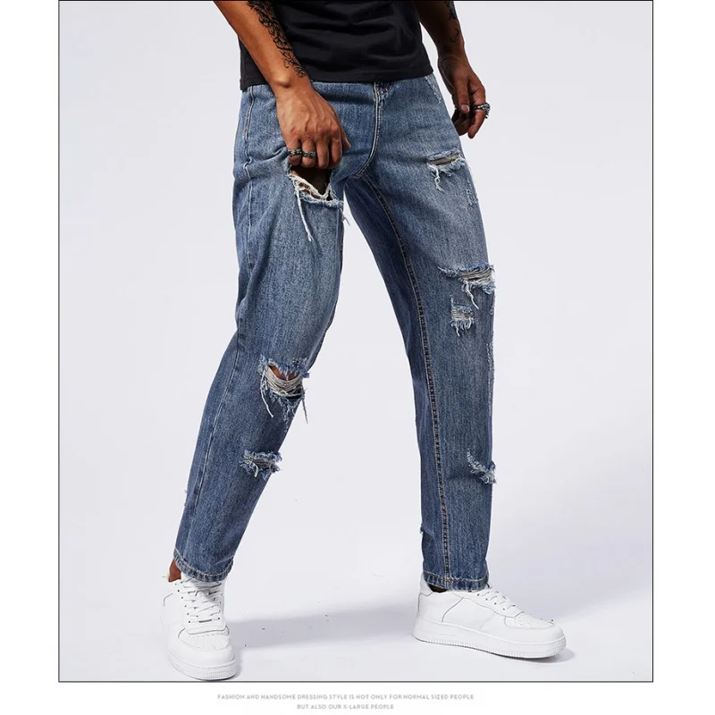 2024 Summer New Men's Perforated Jeans Loose Harun Retro Street Fashion Korean Edition Long Pants