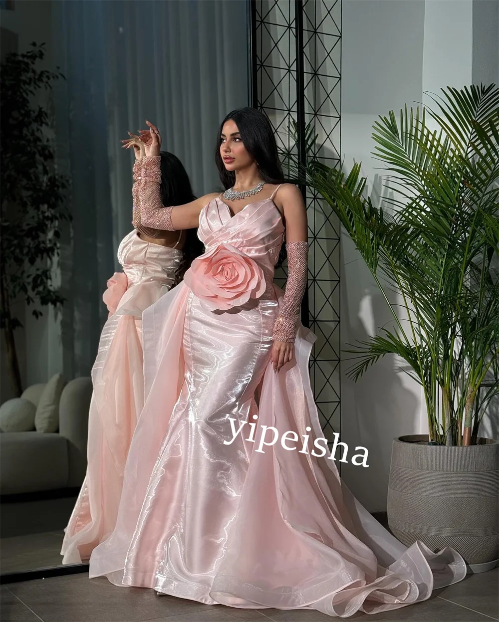 PersonalizadoJiayigong S flor plisado noche trompeta cuello en V vestido de ocasión a medida vestidos largos Arabia Saudita