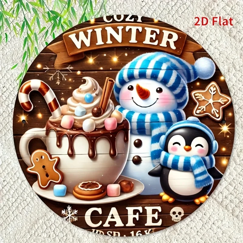 2D Flat, 1 Piece Winter Joy Cafe Iron Round Wall Art Sign - Cozy Snowflakes and Coffee Cup Design, 2D Metal Poster, Suitable for Home, Bedroom