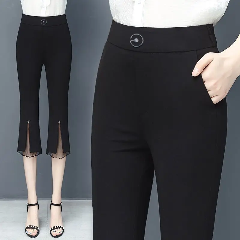 Summer Casual Patchwork Black High Waist Flare Ladies Fashion Lace Elastic Waist Trousers Femme Simplicity Slim Thin Pants Femme