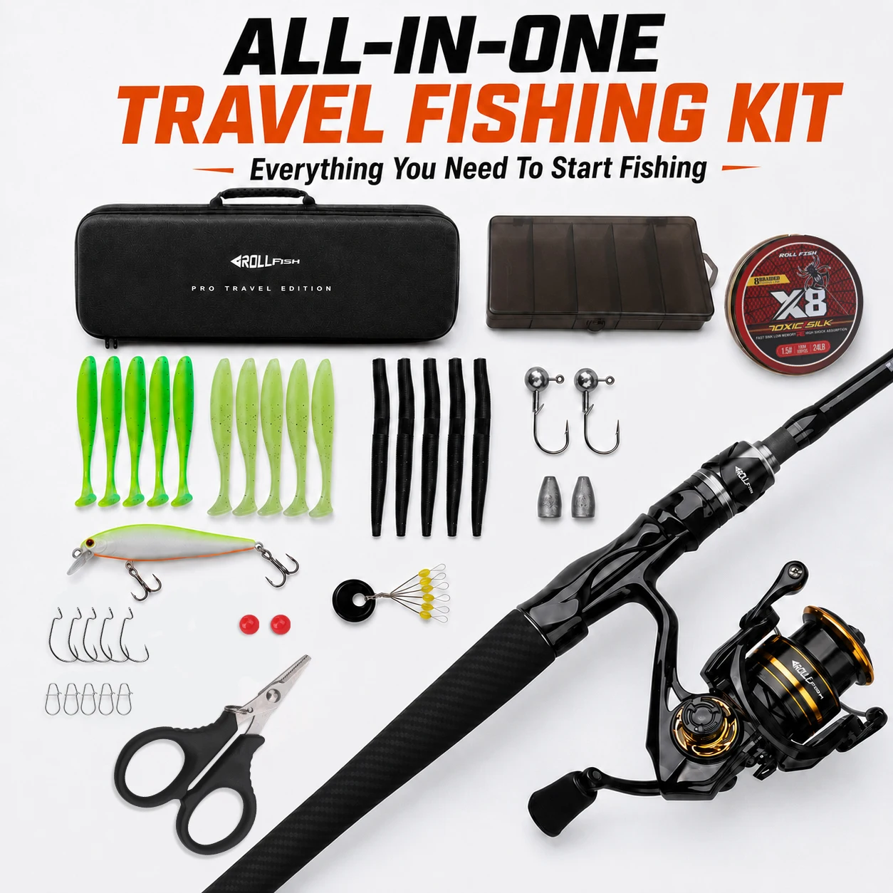 ROLLFISH Portable 5-Piece Travel Bass Pike Fishing Rod Reel Combo Kit Line Lures Scissors Bag MH Power Spinning Casting Gift