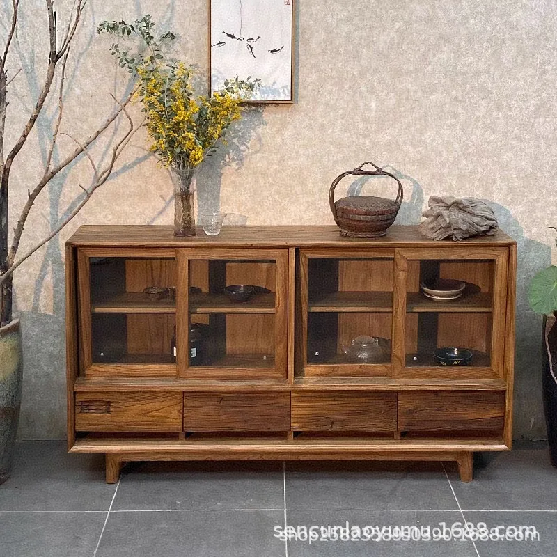 

Wabi Sandy Wind Solid Wood Dining Side Cabinet Medium Antique Display Cabinet B & B Living Room Wall Short Cabinet Coffee Cabine