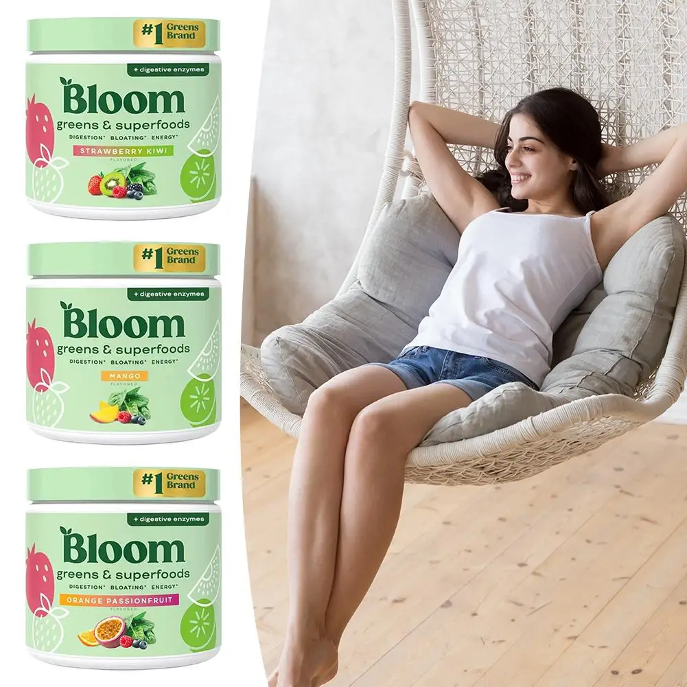 بلوم جرينز آند سوبر فودز نكهة فاكهة البرتقال إنزيمات الجهاز الهضمي تدعم الهضم والانتفاخ والخضر للطاقة للعافية