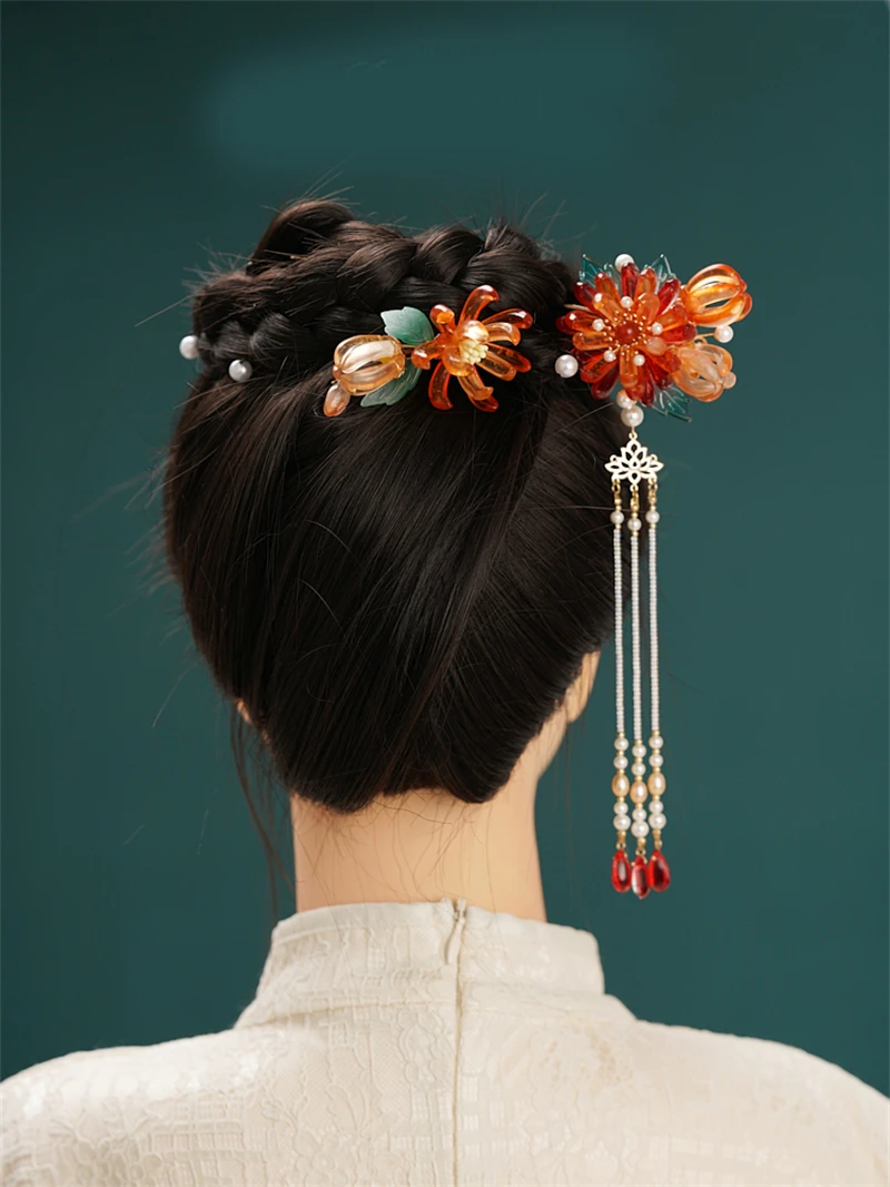 

1 pcs Handwork Flower Hairpin Chinese Style Retro Long Tassel Hair Stick Hanfu Cheongsam Accessories Bride Headdress Gift