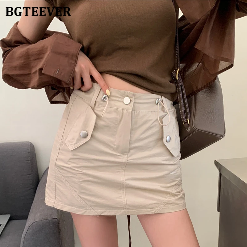 BGTEEVER Vintage Drawstring A-line Mini Skirts Women Stylish High Waist Pockets Female Cargo Skirts Spring Summer