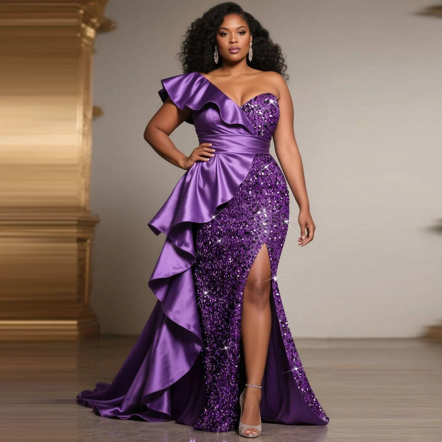 

Customized Purple Sequins One Shoulder Prom Dress Ruffles Aso Ebi High Split Floor Length Evening Gowns Formal Party Dress 2026