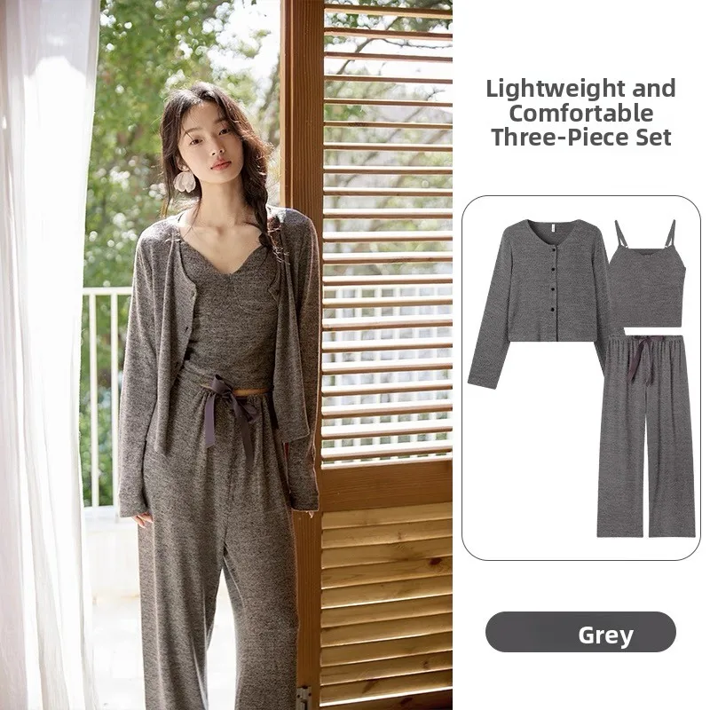 Women's Sleepwear Set with Chest Pad Long Sleeve Long Pants Cardigan Belted Home Clothes V-neck Soft Polyester Fiber