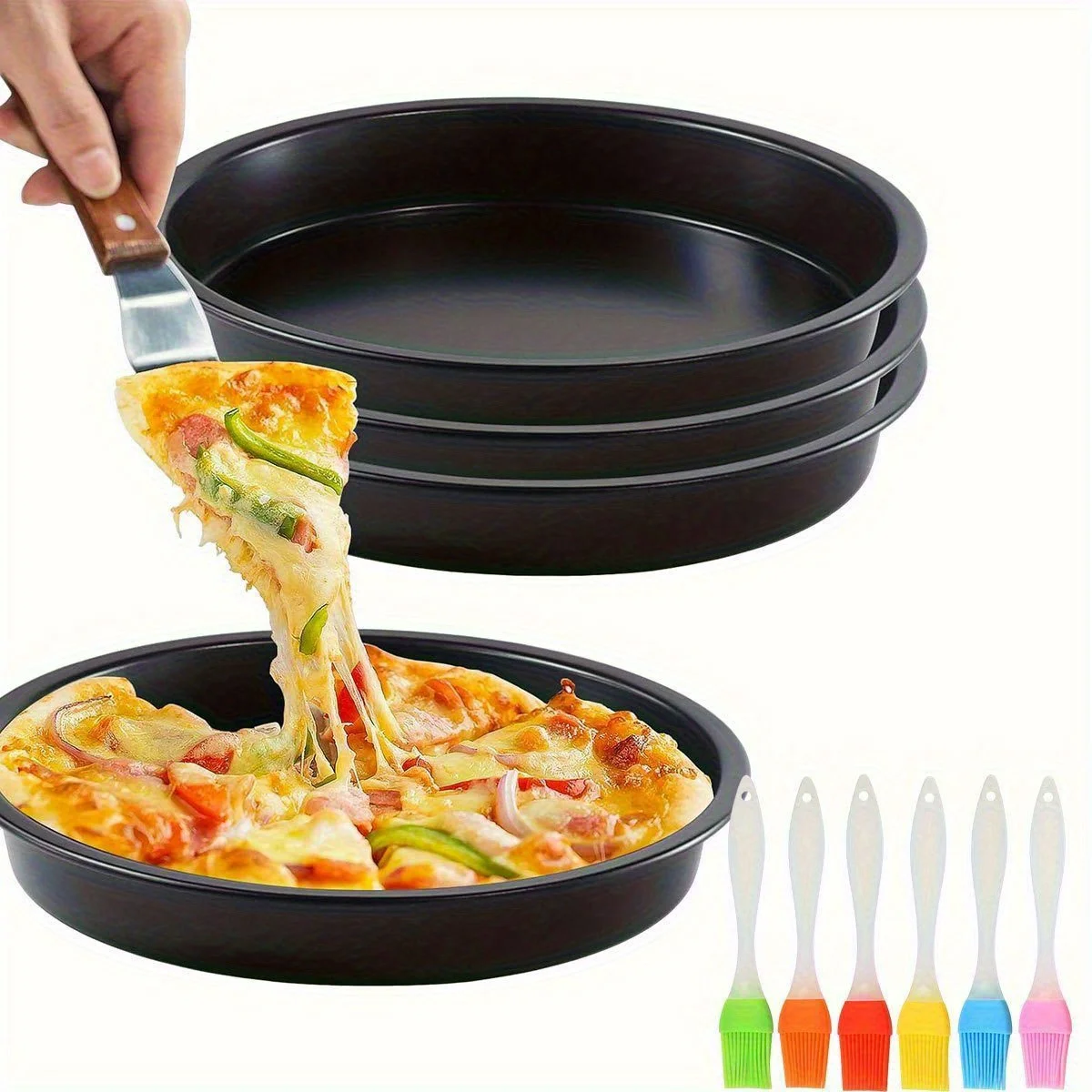 6/8/9/10 Zoll Antihaft-Pizzablech Rundes Backblech aus Karbonstahl mit Backpinsel Familien-Restaurant Kuchenform Ofenbackblech ZSY