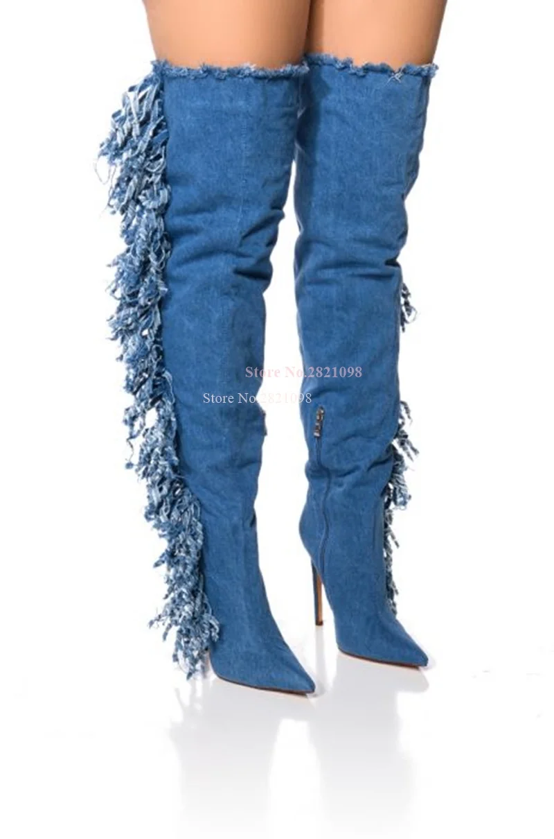 

Fringe Design Over The Knee Boot Blue Denim Silhouette Slim Stiletto High Heel Thigh High Ruffle Fringe Women Pointy Toe Bootie