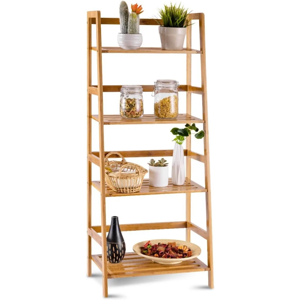 47.5'' Natural Bamboo Ladder Shelf, 4-Tier Multifunctional Storage Rack for Plants, Books, and Decor