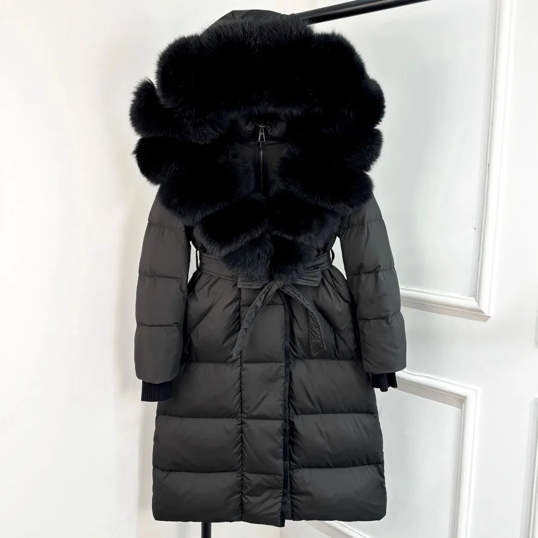 2025, dameskleding, grote bontkraag, lange slanke donsjas met capuchon 1019