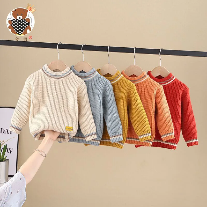 2024 New Children's Sweater Boys' Autumn/Winter Solid Color Knitted Round Neck Warm Sweater Girls' Loose Korean Sweater 0-7Y