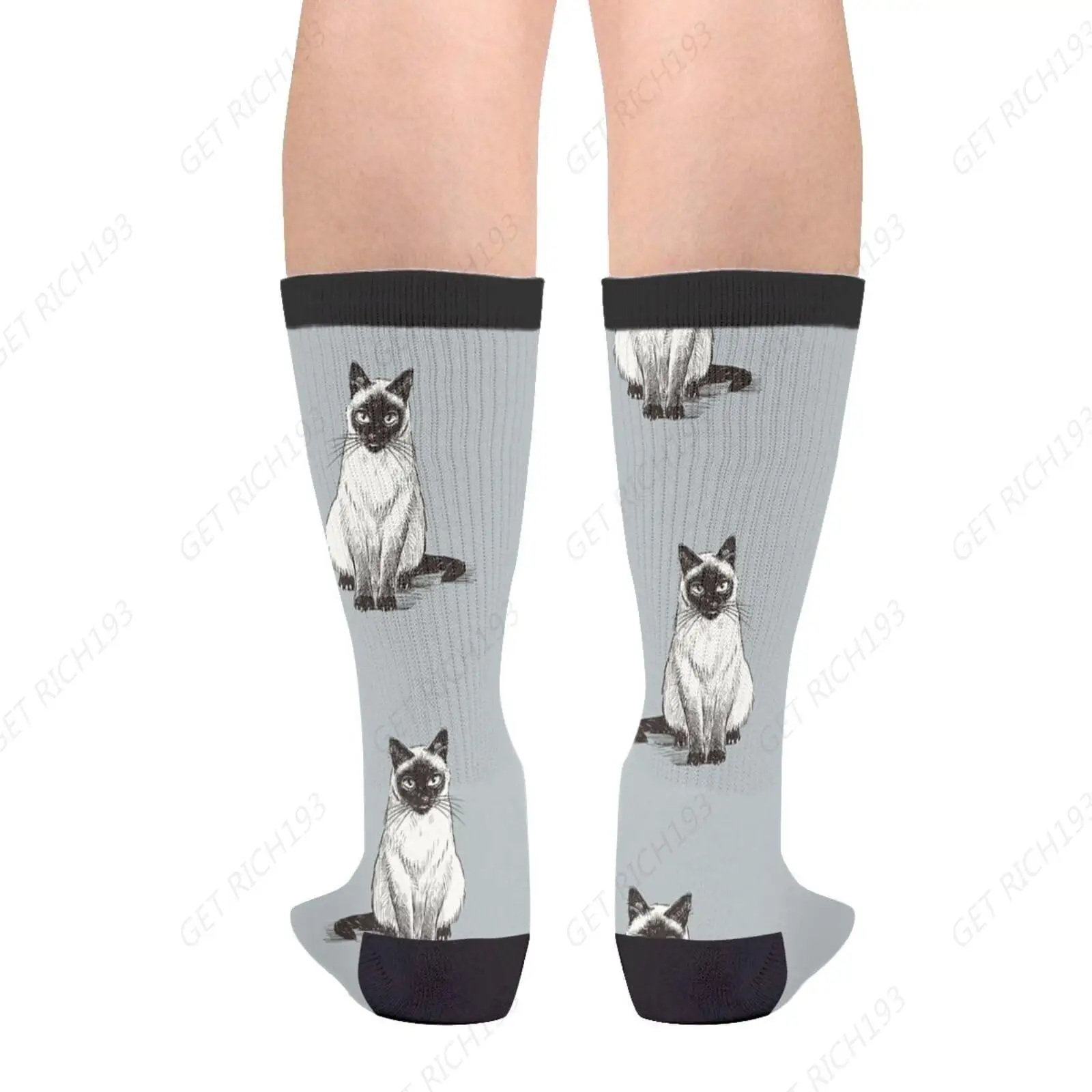 Black Cute Sitting Siamese Cat Unisex Casual Funny Crew Socks Gifts For Men Women