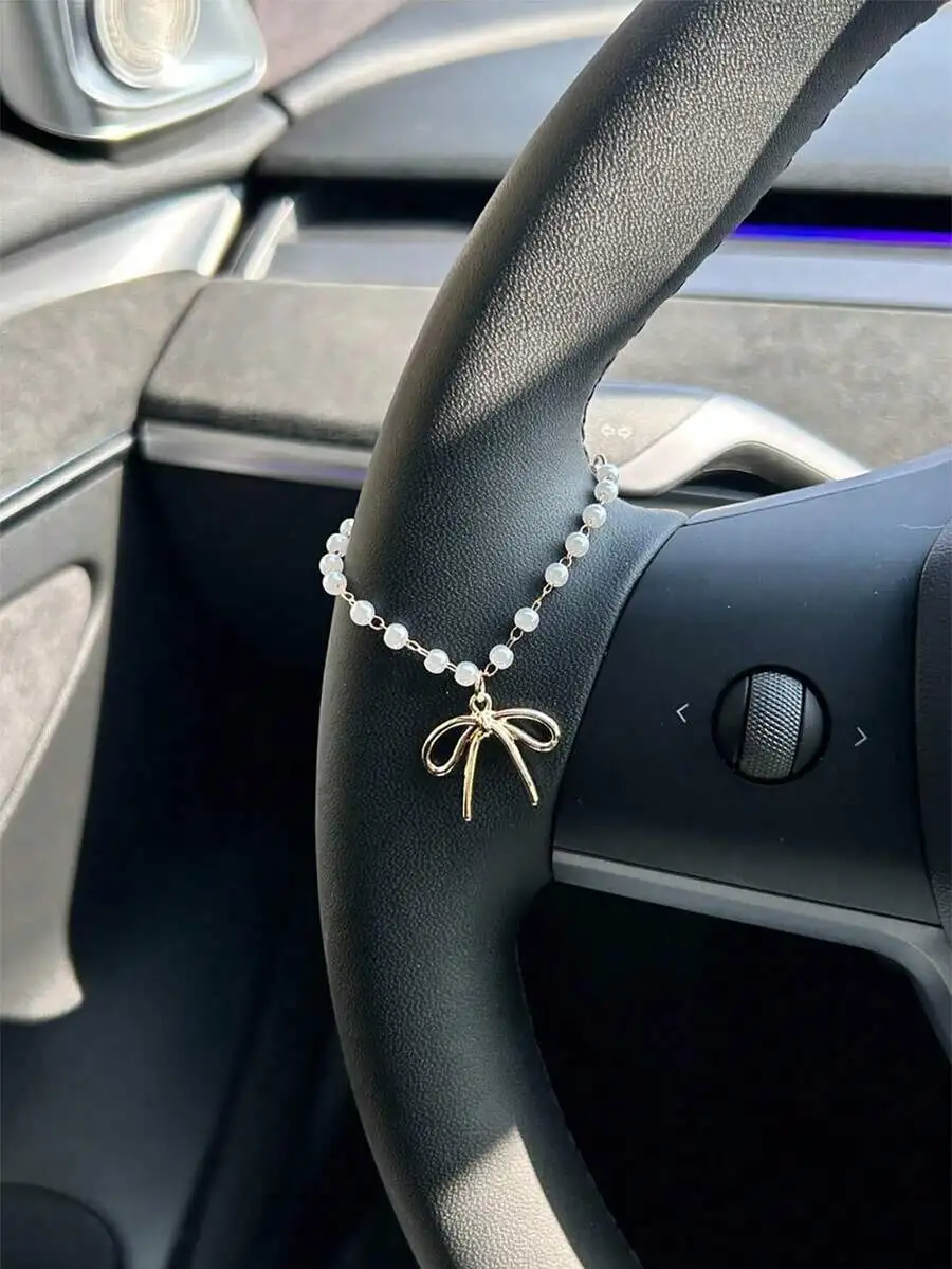 Alloy Car Steering Wheel Decor Chain With Cherry Flower Cross Charm For Women Interior Decoration