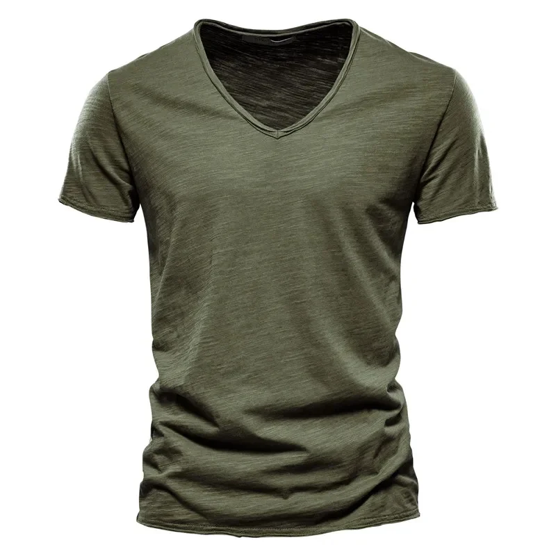 Marke Qualität 100% Baumwolle Männer T-shirt V-ausschnitt Mode Design Slim Fit Soild Männlich Tops Tees Kurzarm