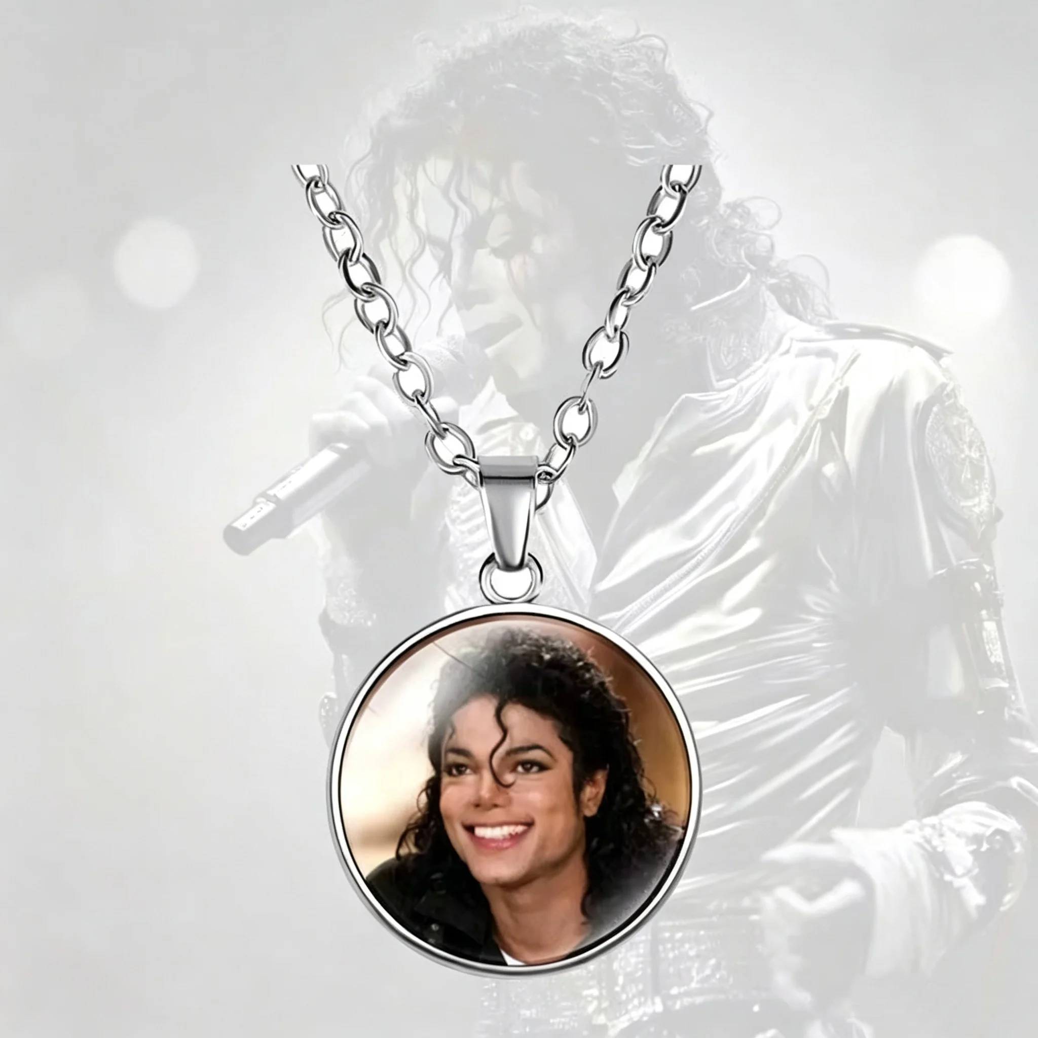 New Michael Jackson Necklace for Women Girls, Vintage Pop King MJ Round Photo Pendant Drop Oil Alloy Chain Necklace
