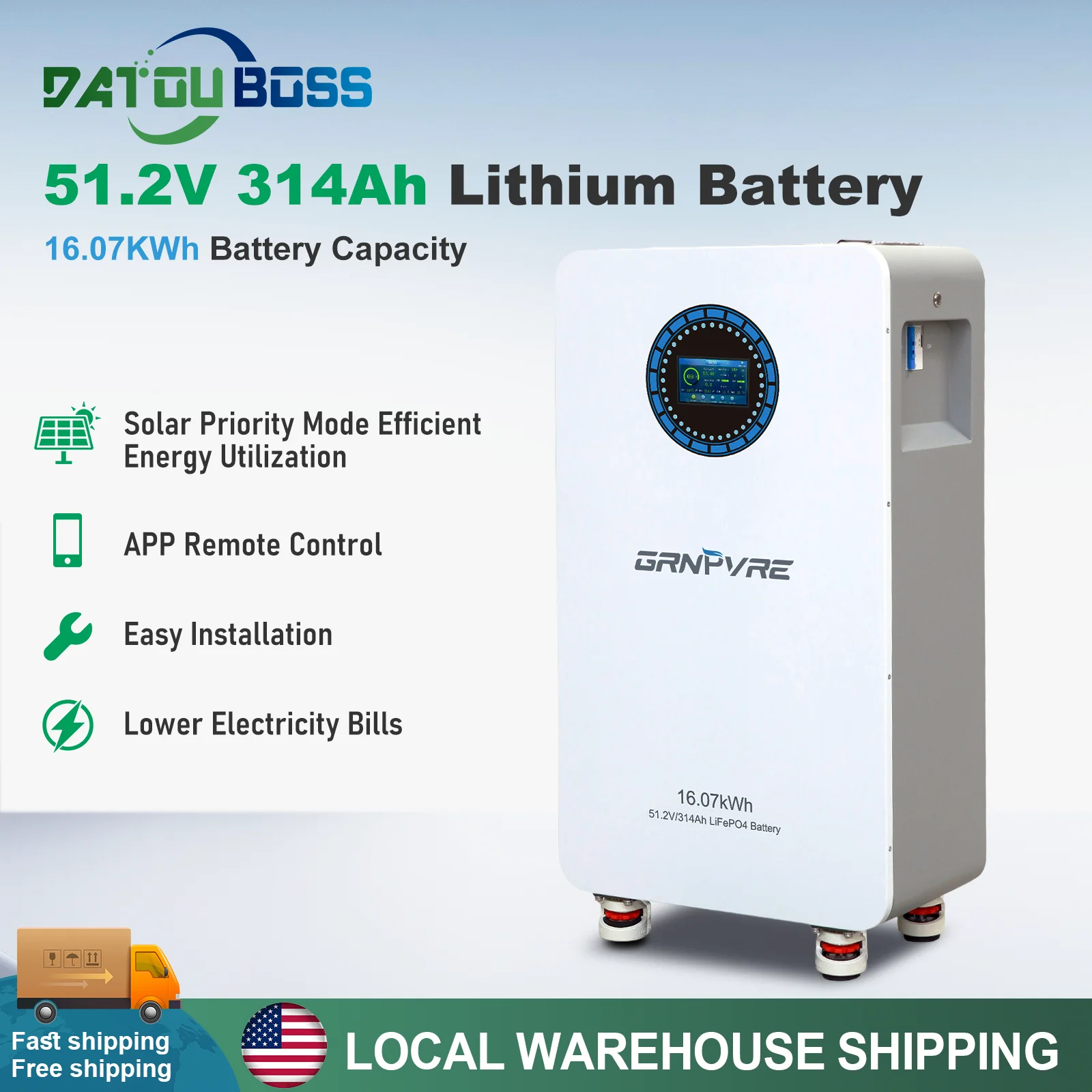 

GRNPVRE 51.2V 314Ah Lithium Battery 16.07KWh Battery Capacity Power Supply with 200A BMS Solar Energy Storage Systems for RV