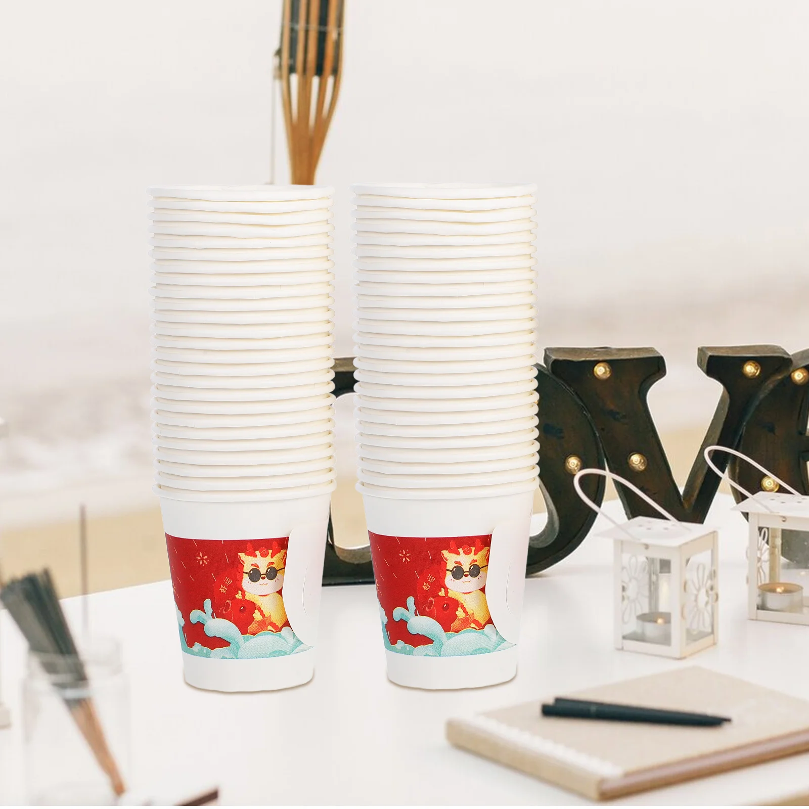 

50pcs Gold Dragon Embracing Fortune Handle Paper Cups Thickened Heat Resistant For Hot Coffee Tea Party Home Festival