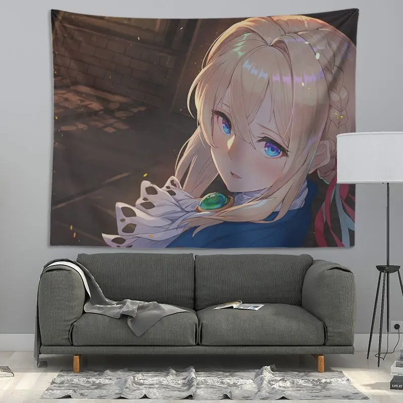 VIKAMA Violet Evergarden Anime Tapestry Cartoon Kawaii Aesthetic Wall Hanging for Teen Bedroom Dorm College Otaku Home Decor
