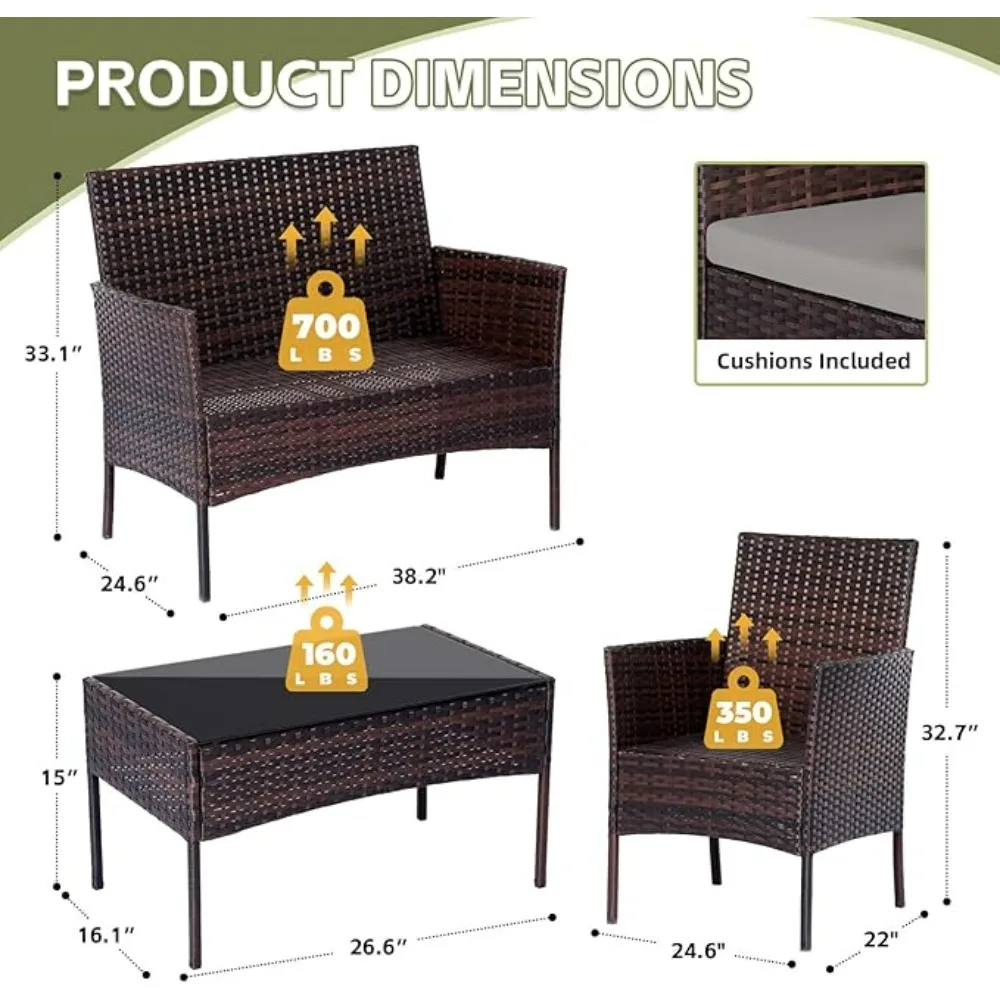 Cadeiras de vime ao ar livre do Rattan, Mobiliário do pátio, Conjuntos de Conversa, Jardim Quintal, Varanda Varanda, Piscina Loveseat, 4 Pcs