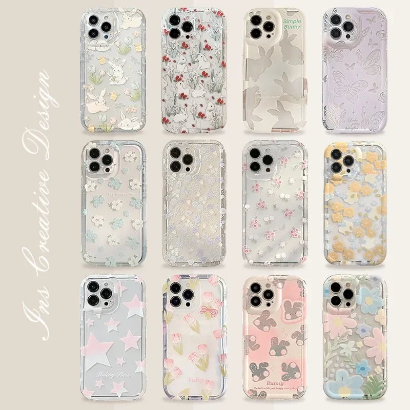 The New Little Fresh Painted Rabbit Flower Apple 13 Case Works with The IPhone 14 15 Clear Anti Drop Heat Dissipation Cover