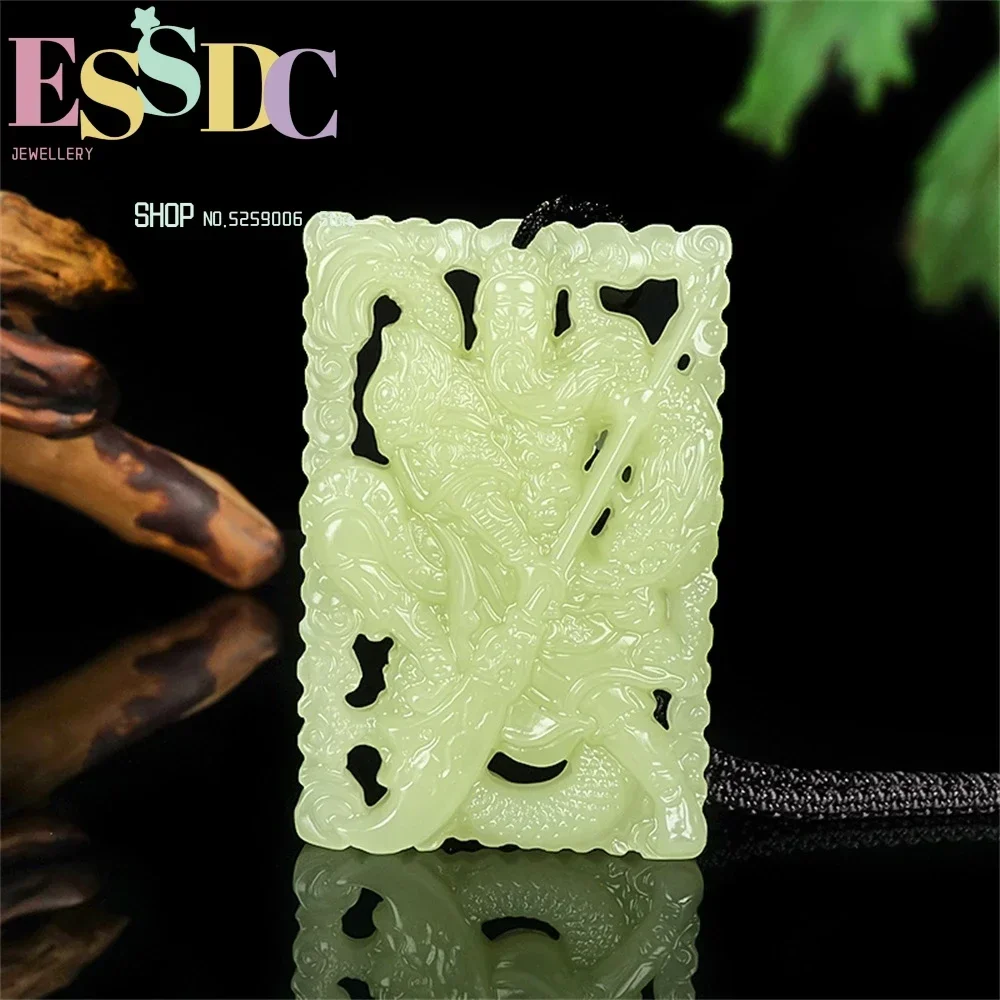 Natural Hotan Jade Yellow Mouth Material Double Sided Hollow Guan Gong Ink Retrospective Peace Buckle Pendant for Men and Women