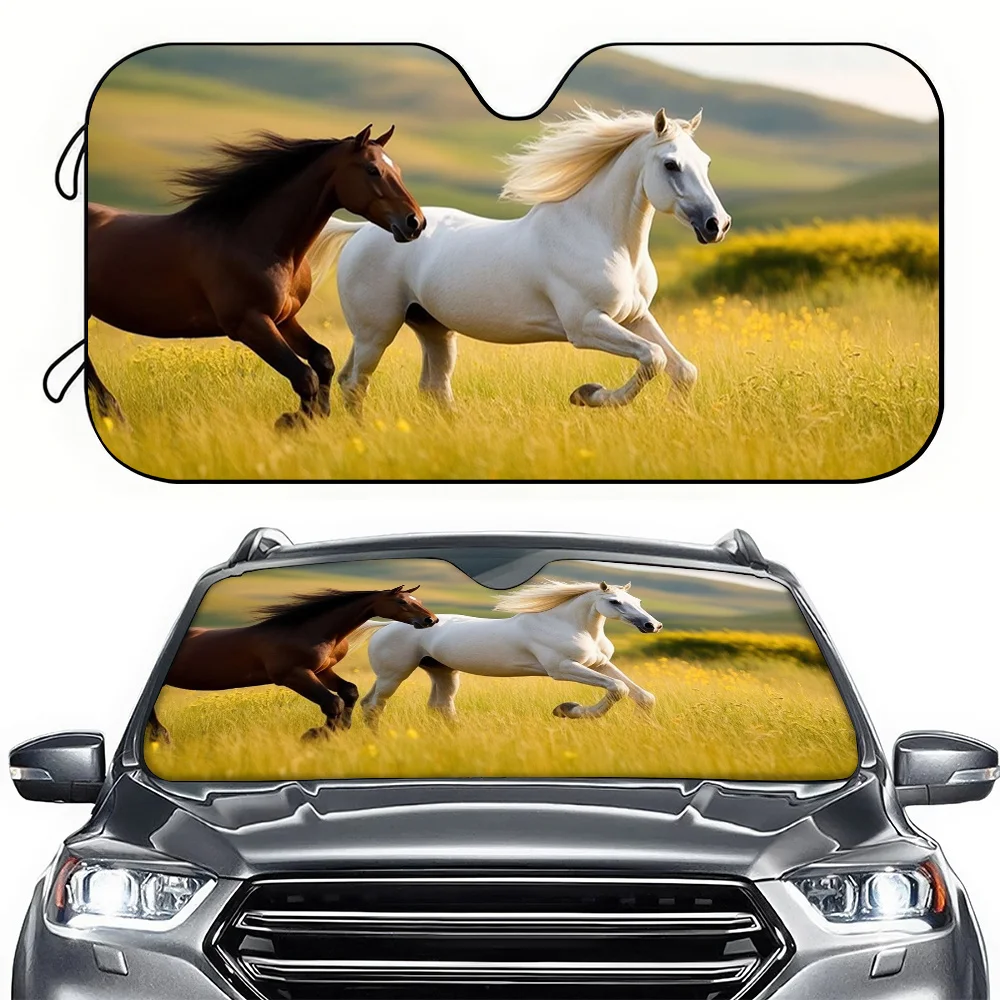 A Car Sunshade Featuring A Galloping Horse On Grass, With High-Definition Printing. This Front Windshield Sunshade Is Easy To In