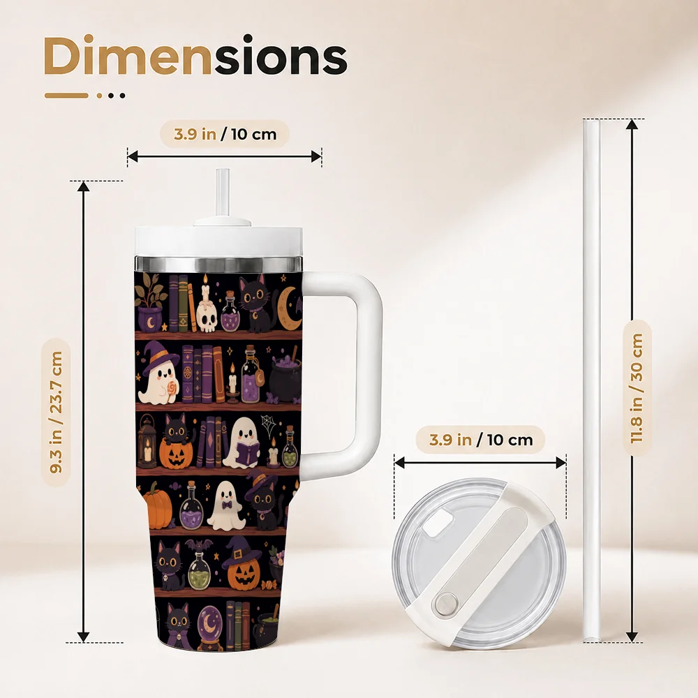 Halloween Cats Spooky Bookshelf Vacuum Flasks 40oz Stainless Steel Insulated Tumbler With Handle & Straw Leakproof Travel Mug