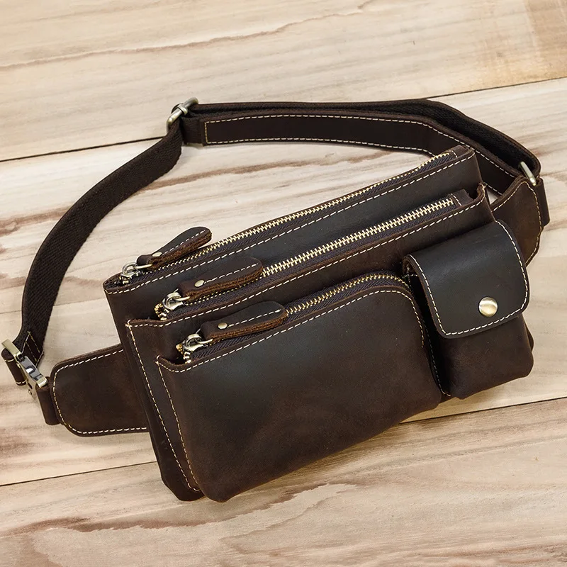 New Men Vintage Crazy Horse Genuine Leather Chest Waist Bag Multifunctional Casual Crossbody Phone Bag with 3 Pockets