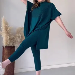 Women Two Piece Pant Sets Knitted Batwing Sweaters Short Sleeve Y2k Tops Casual High Waist Pants Autumn Winter Matching Sets