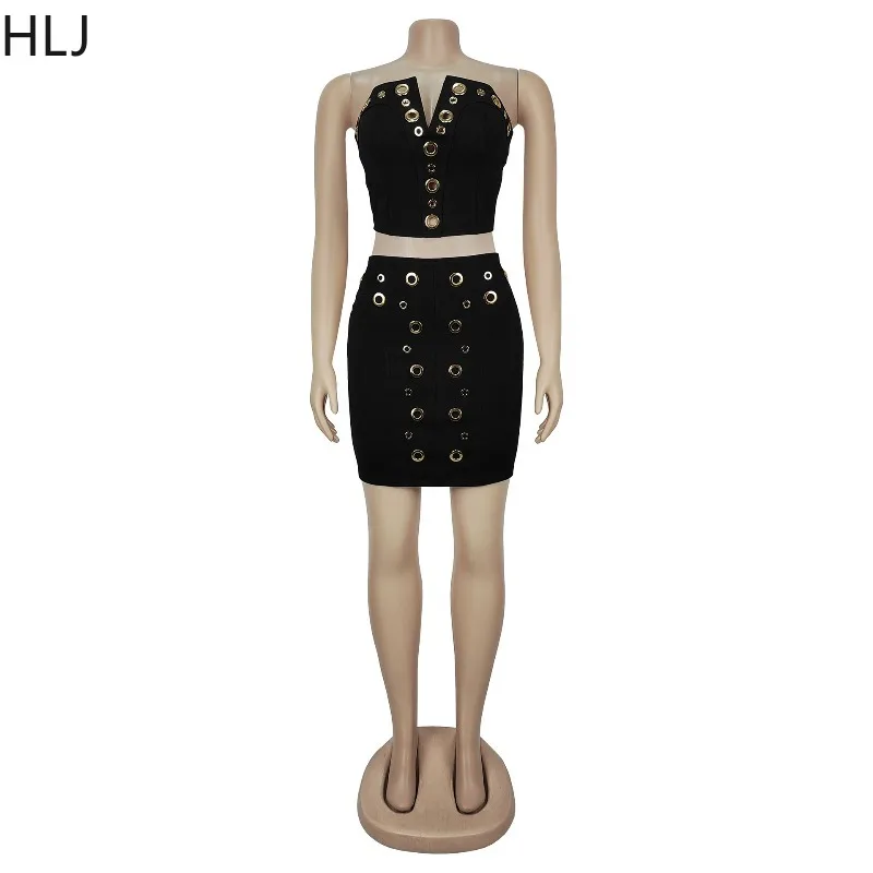 HLJ セクシーなホローアウト2ピースセット レディース ノースリーブ バックレス クロップトップ + スカート 女性用 ストリートウェア ワンピース 夏新作