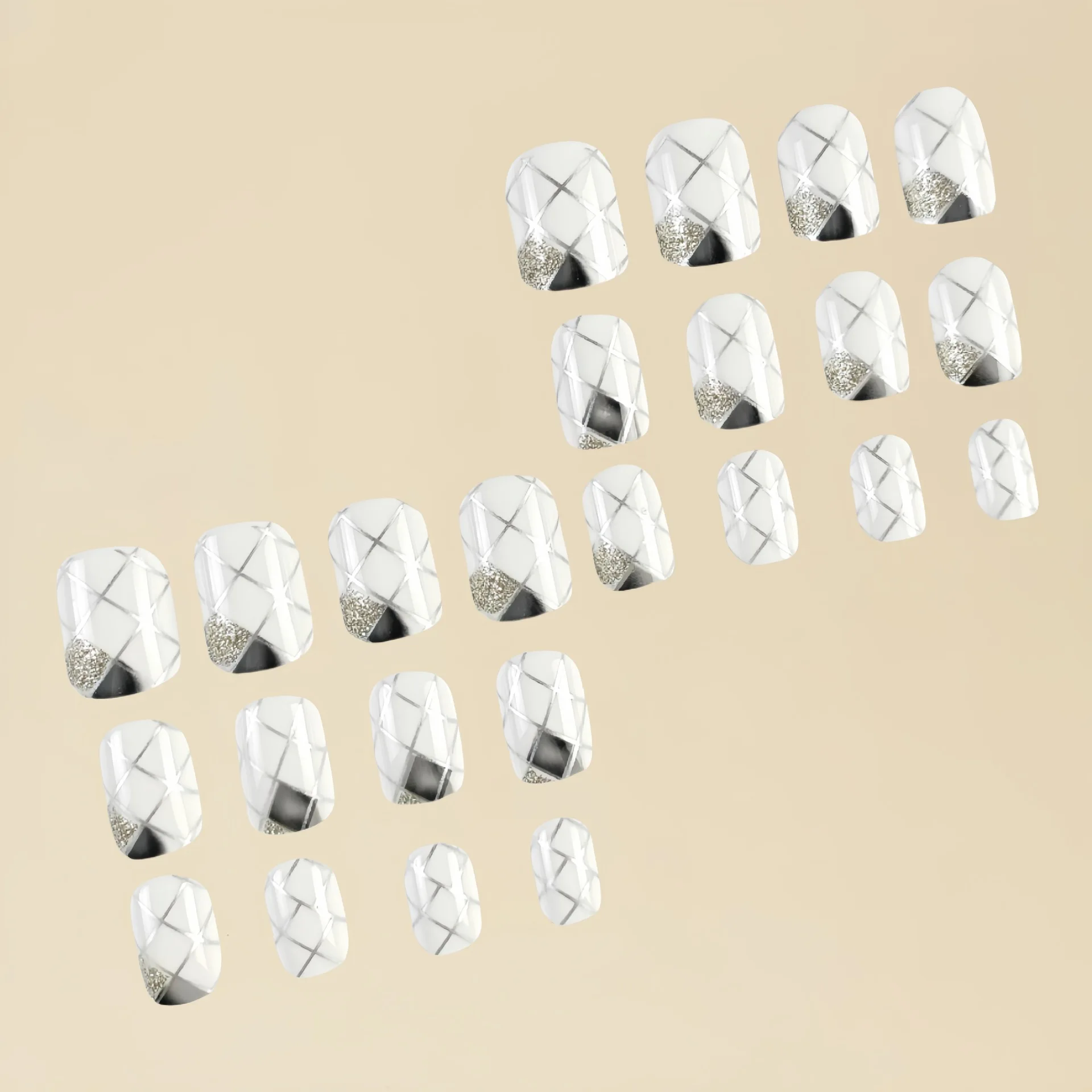 24개입 짧은 사각형 인조 손톱, 매끄러운 흰색 아크릴 네일 그리드 라인 디자인, 풀 커버 인조 손톱, 여성 및 소녀용 네일