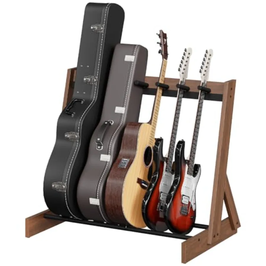 

Wooden Floor Guitar Stand for 3 Acoustic 5-6 Electric or Bass Hardwood Multi-Instrument Rack Walnut and Black Finish Durable St