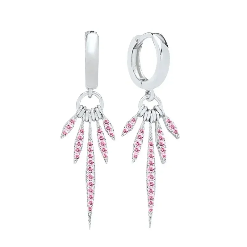 925 Sterling Silver Needle Pink Zircon Geometric Pendant Silver Hoop Earrings Huggies Romantic Cute Girls Gift Fashion Jewelry