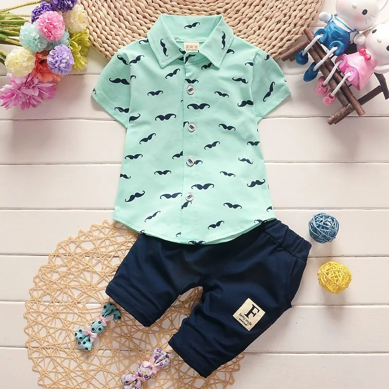 Infant Boys Daily Summer Clothes Set Cartoon Moustache Pattern Lapel Collar Shirt Loose Elastic Waist Navy Shorts Suit