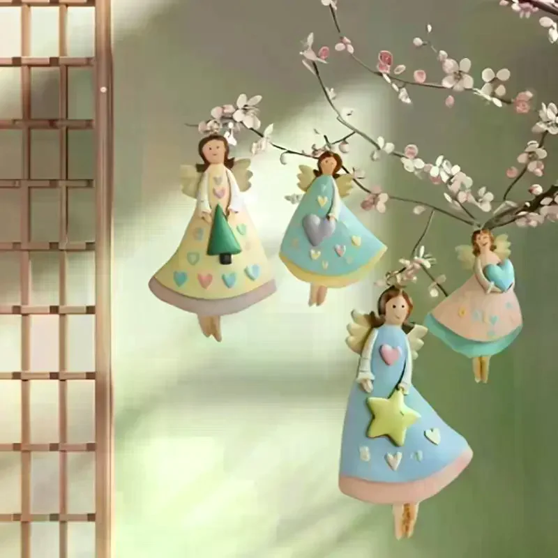 4PCS/Set Vintage Angel Hanging Decor Fantasy Wooden Xmas Tree Hanging Ornament Decor For Home New Year Gift Christmas Decor