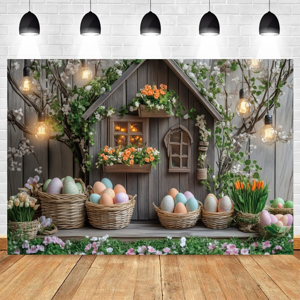 Easter Photography Background Little Cabin Flower Eggs Basket Baby Shower Kid Birthday Party Portrait Photo Backdrop Photostudio