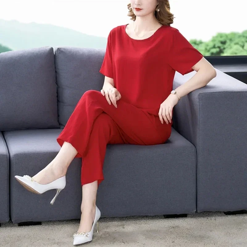 جديد عادية بلون قصيرة الأكمام الكاحل طول السراويل 2 قطعة مجموعة منتصف العمر الأم الزي القطن الحرير دعوى الصيف المرأة مجموعات #4