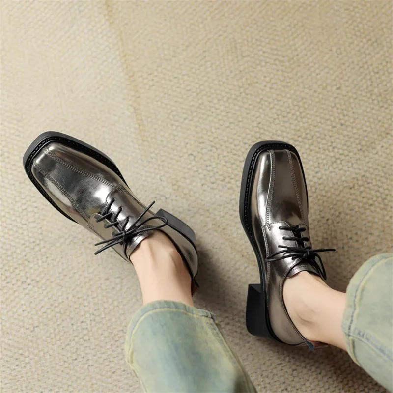 New Spring Autumn Split Leather Women Loafers Square Toe Chunky Heel Lace High Heels Comfort Women Pumps Shoes for Women Silvery