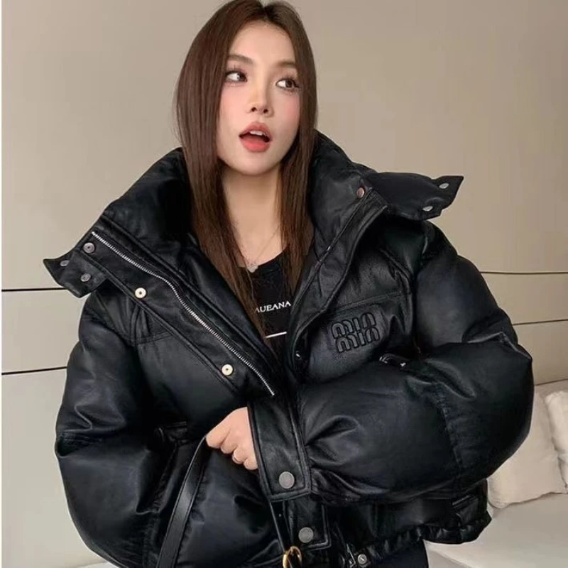 2025 Women's Pu Skin Down Cotton Jacket Versatile Hooded Lady Winter Parka Coat Fashion Student Ladies Cotton Padded Outerwear