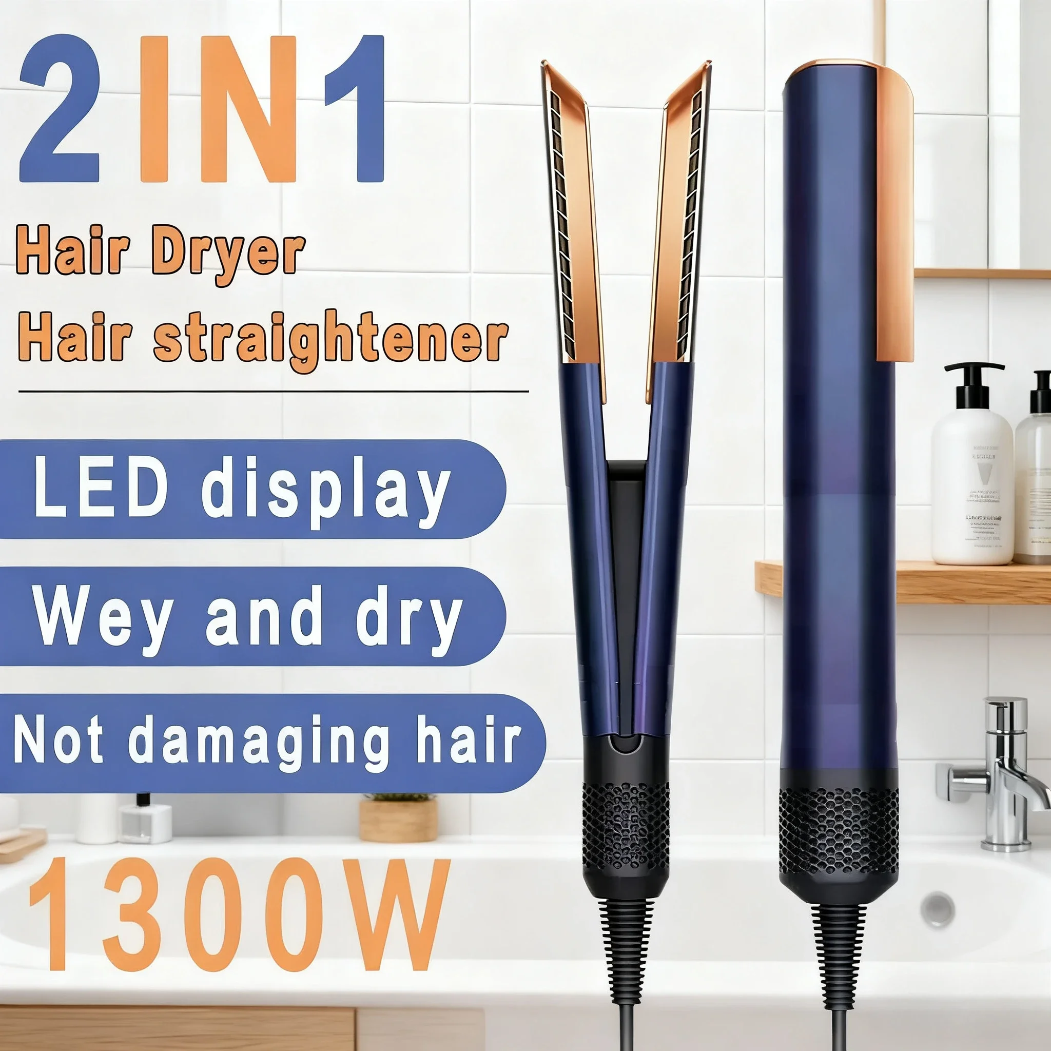 

Professional 2-in-1 Hair Dryer and Straightener Negative Ion Iron Long Lasting Styling Tool Wet and Dry Straightener