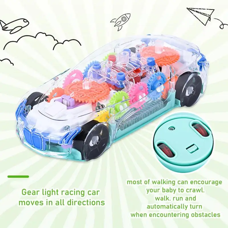 투명한 기어 자동차 감각 자동차 장난감, 다채로운 무빙 기어, 범프와 이동 자동차 유아 장난감, 음악과 멋진 조명
