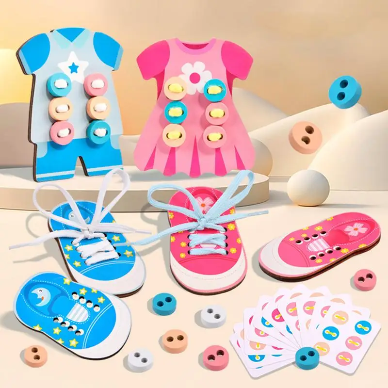 Clothes Lacing Toys Wooden Threading Set Threading Activity Puzzles Wooden Threading Lacing Clothes Shoes Wooden Threading Set