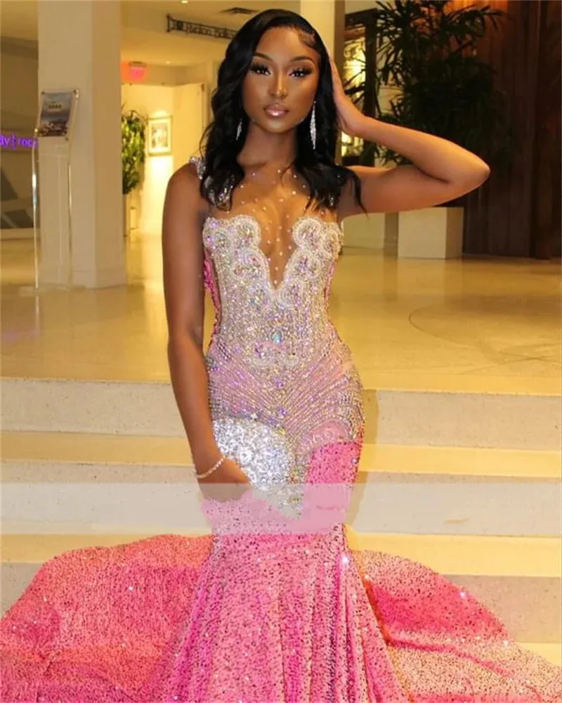 

Pink Sequin Silver Crystal Beading Prom Dresses Black Girls Luxury Gowns Elegant Dress For Wedding Party Mermaid Cocktail Gown