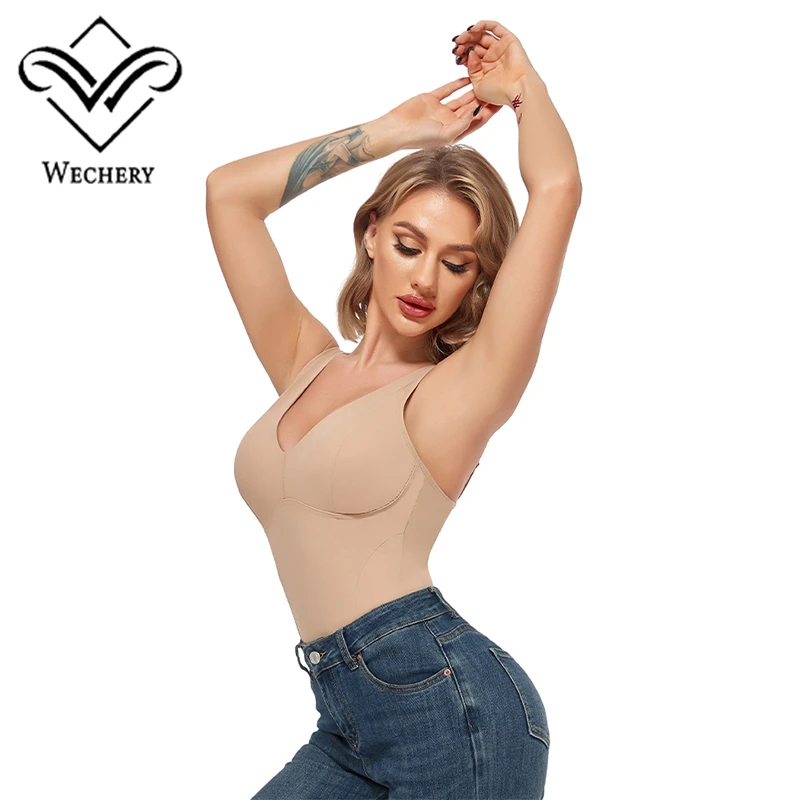 Wechery Women Chic Shapewear Bodysuit Sexy V-Neck Bodysuits With Removable Cup Body Shaper Skinny Black Slimming Underwear Bods