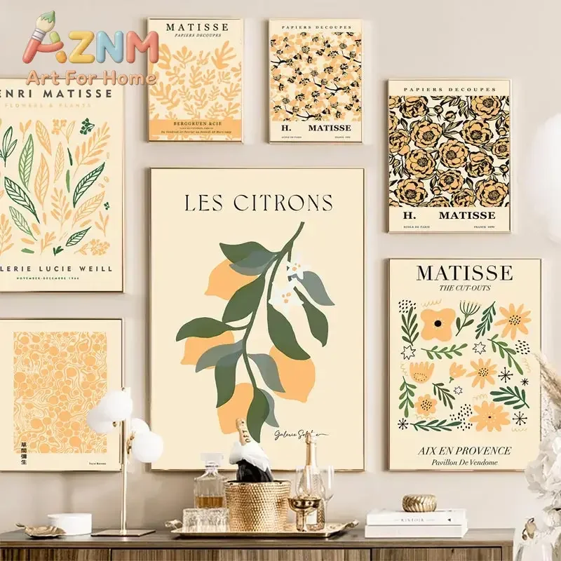AZNM Matisse Abstract Lemon Floral Canvas Wall Art Vintage Cutouts Botanical Poster, Unframed Canvas Print for Kitchen Living Ro