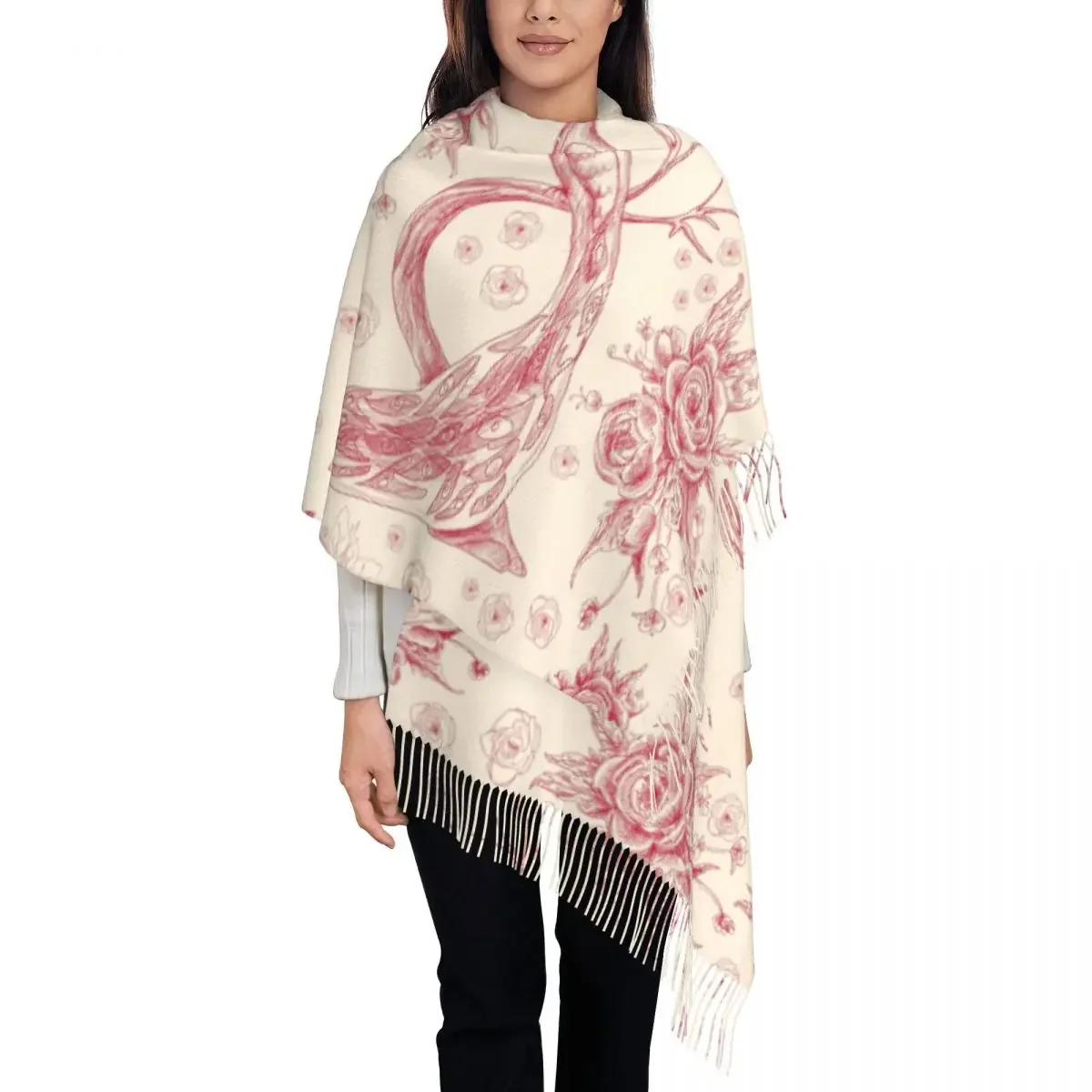 Toile De Jouy Rose Tassel Scarf Women Soft French Motif Flora Shawls Wraps Ladies Winter Fall Scarves