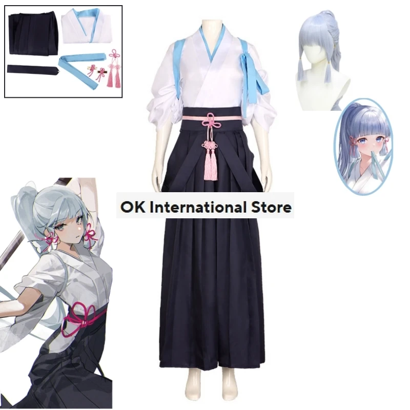 Genshin Kostum Dampak Kamisato Yaka Cosplay Kimono Kostum uniformi Top gonna e Kimono Kendo Suit Halloween Party Costume