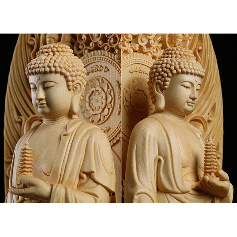 Pharmacist Buddha Sculpture Statue Solid Wood Traditional Hand Carving Wooden Home Living Room Decoration